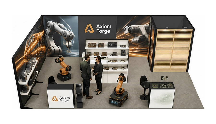 Stoisko 8 × 5 m narożne lewe dla branży automatyka przemysłowa, przykładowa marka Axiom Forge