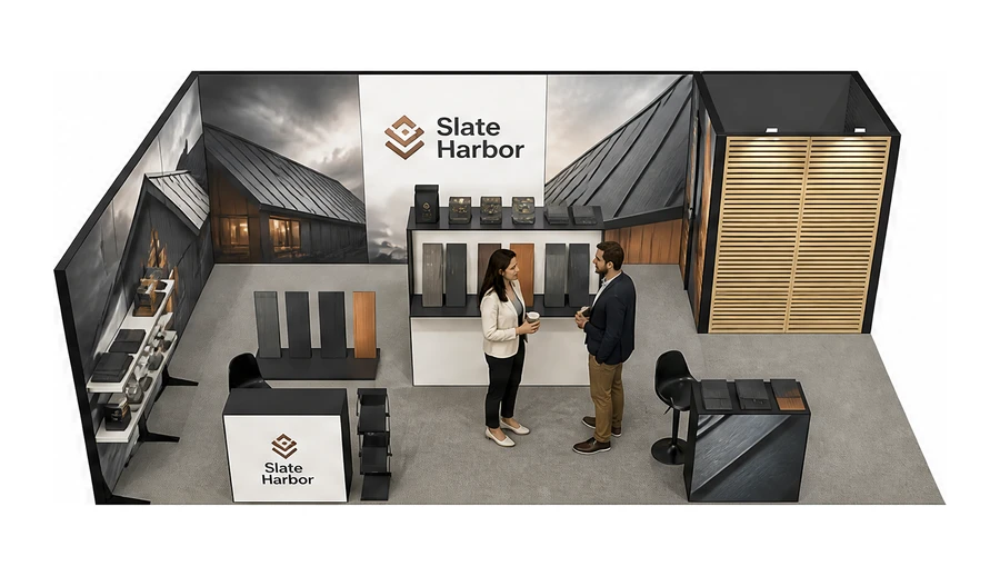 Stoisko 8 × 5 m narożne lewe dla branży dachy i elewacje, przykładowa marka Slate Harbor