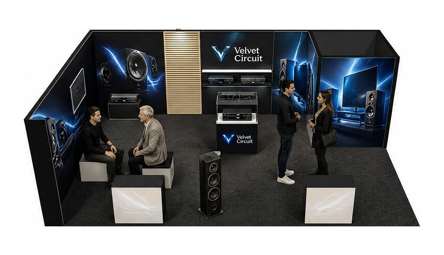 Stoisko 8 × 5 m narożne lewe dla branży sprzęt audio-video, przykładowa marka Velvet Circuit