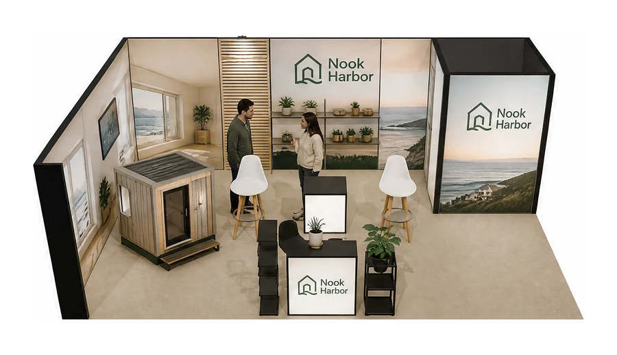 Stoisko 8 × 5 m narożne lewe dla branży domy modułowe i prefabrykacja, przykładowa marka Nook Harbor