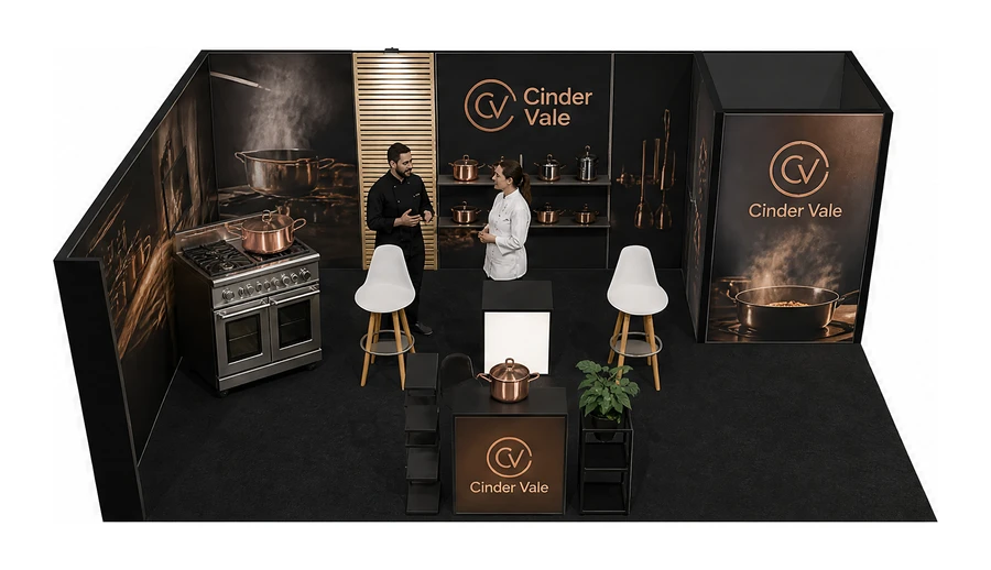 Stoisko 8 × 5 m narożne lewe dla branży wyposażenie gastronomii, przykładowa marka Cinder Vale