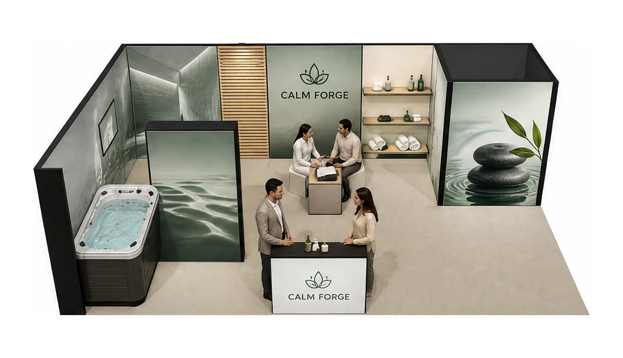 Stoisko 8 × 5 m narożne lewe dla branży spa i wellness, przykładowa marka Calm Forge