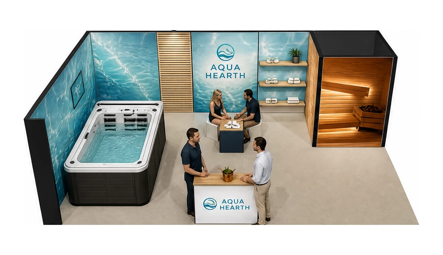 Stoisko 8 × 5 m narożne lewe dla branży baseny i sauny, przykładowa marka Aqua Hearth
