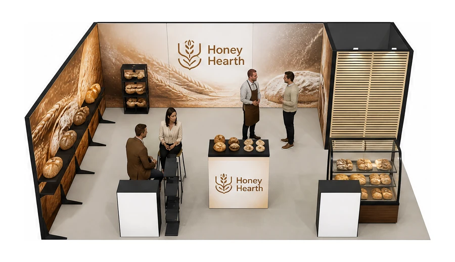 Stoisko 8 × 5 m narożne lewe dla branży piekarnictwo i cukiernictwo, przykładowa marka Honey Hearth