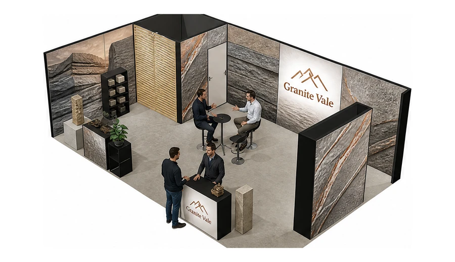 Stoisko 8 × 5 m narożne lewe dla branży kamień i kamieniarstwo, przykładowa marka Granite Vale