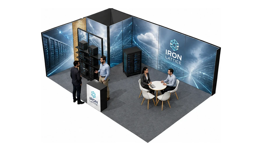 Stoisko 8 × 5 m narożne lewe dla branży infrastruktura IT i data center, przykładowa marka Iron Lattice