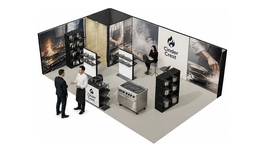 Stoisko 8 × 5 m narożne lewe dla branży wyposażenie gastronomii, przykładowa marka Cinder Crest