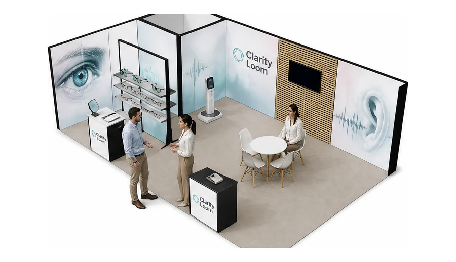 Stoisko 8 × 5 m narożne lewe dla branży optyka i audiologia, przykładowa marka Clarity Loom