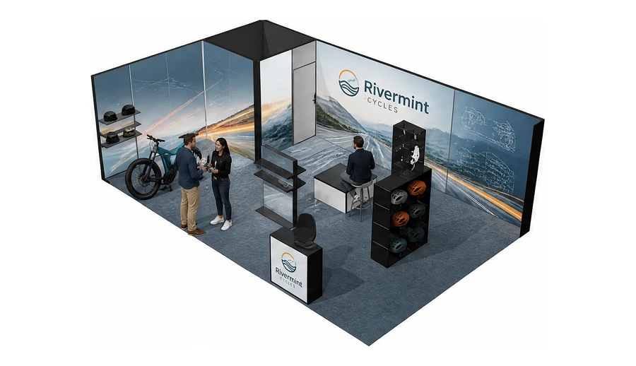 Stoisko 8 × 5 m narożne lewe dla branży rowery elektryczne, przykładowa marka Rivermint Cycles