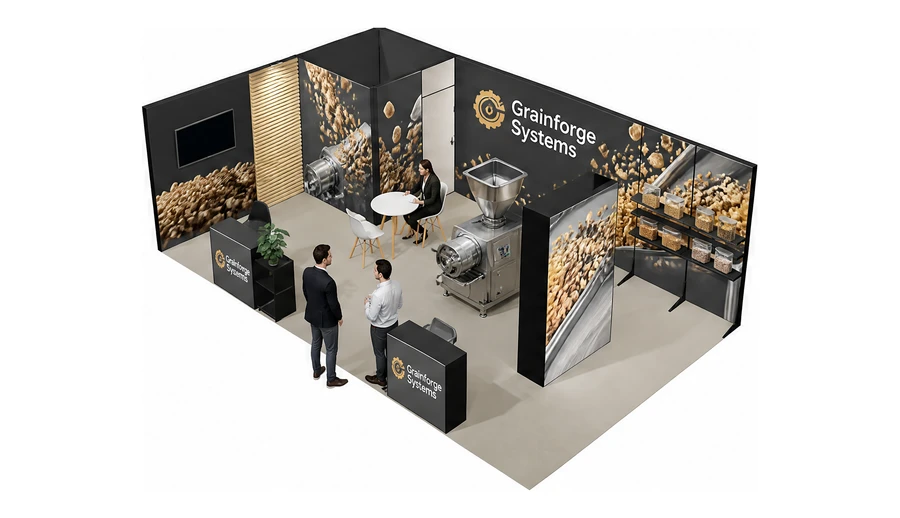 Stoisko 8 × 5 m narożne lewe dla branży technologie spożywcze, przykładowa marka Grainforge Systems