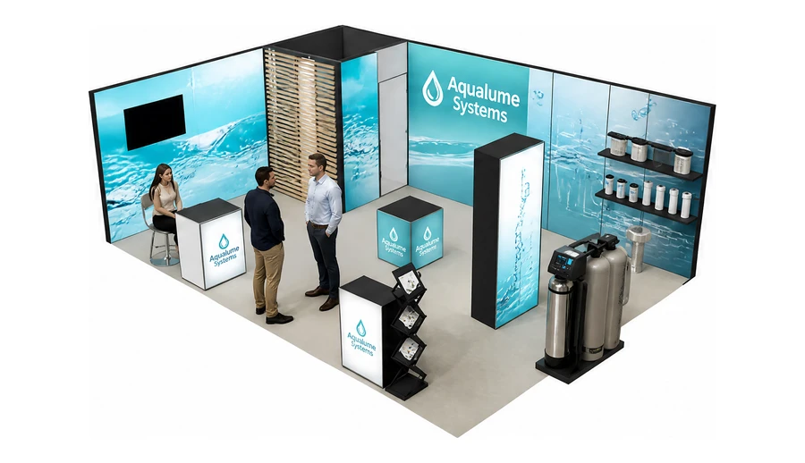 Stoisko 8 × 5 m narożne lewe dla branży technologie wodne, przykładowa marka Aqualume Systems