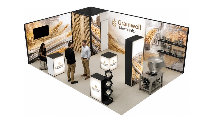 Stoisko 8 × 5 m narożne lewe dla branży technologie spożywcze, przykładowa marka Grainwell Mechanics