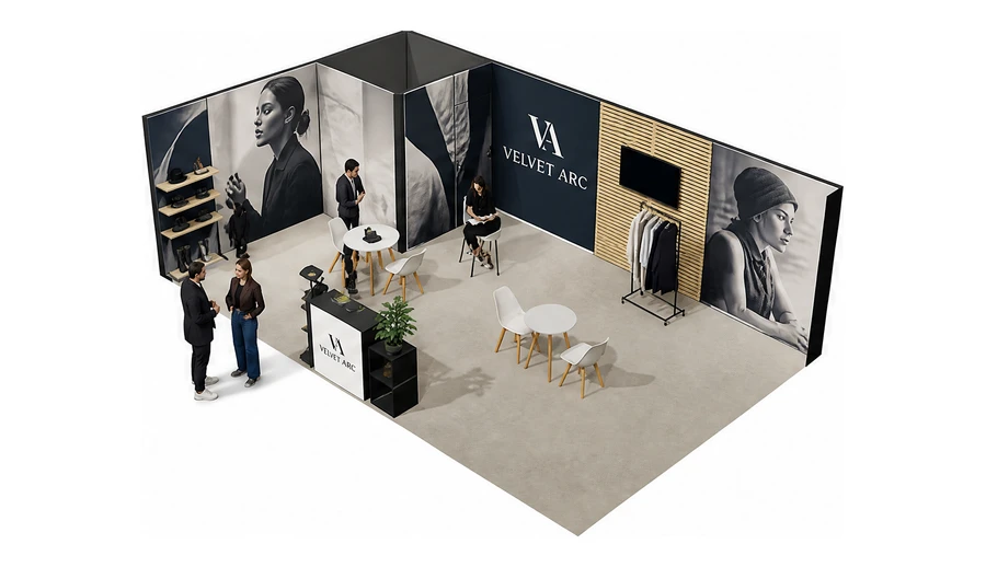 Stoisko 8 × 5 m narożne lewe dla branży odzież i moda, przykładowa marka Velvet Arc