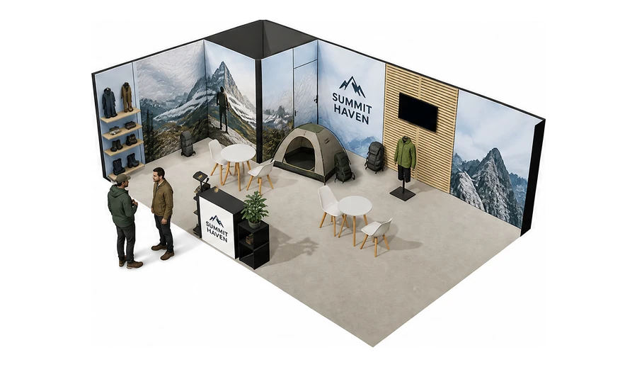 Stoisko 8 × 5 m narożne lewe dla branży odzież i sprzęt outdoorowy, przykładowa marka Summit Haven