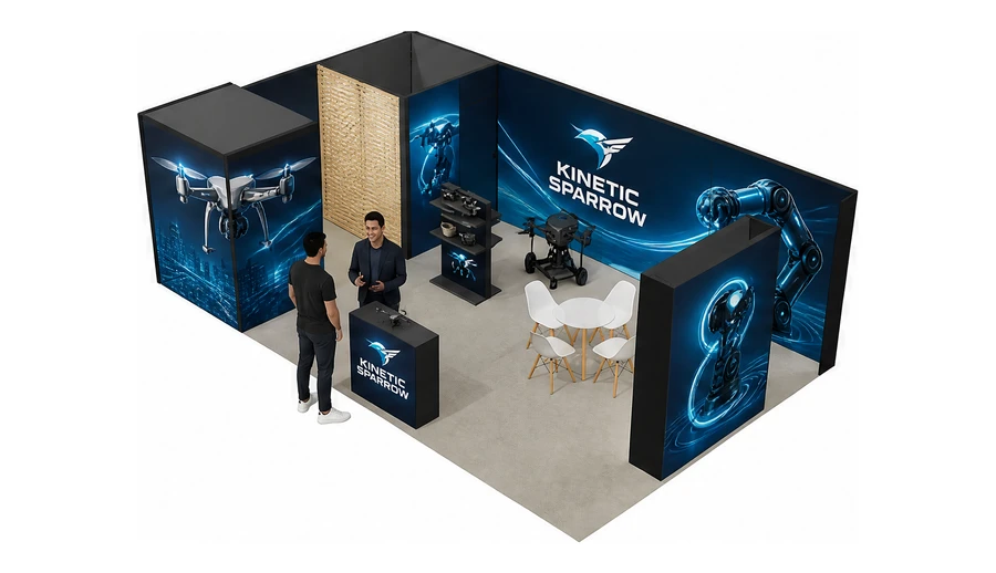 Stoisko 8 × 5 m narożne lewe dla branży drony i robotyka, przykładowa marka Kinetic Sparrow