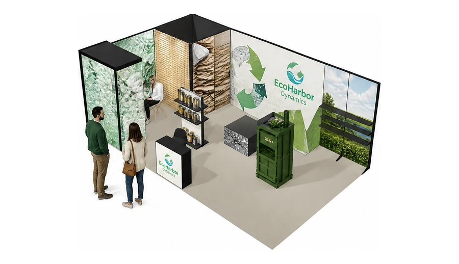 Stoisko 8 × 5 m narożne lewe dla branży recykling i ochrona środowiska, przykładowa marka EcoHarbor Dynamics