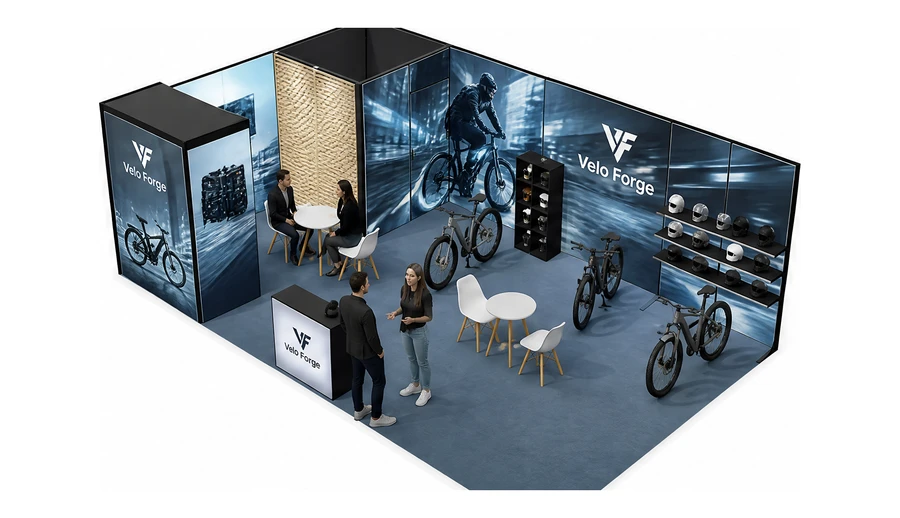 Stoisko 8 × 5 m narożne lewe dla branży rowery elektryczne, przykładowa marka Velo Forge