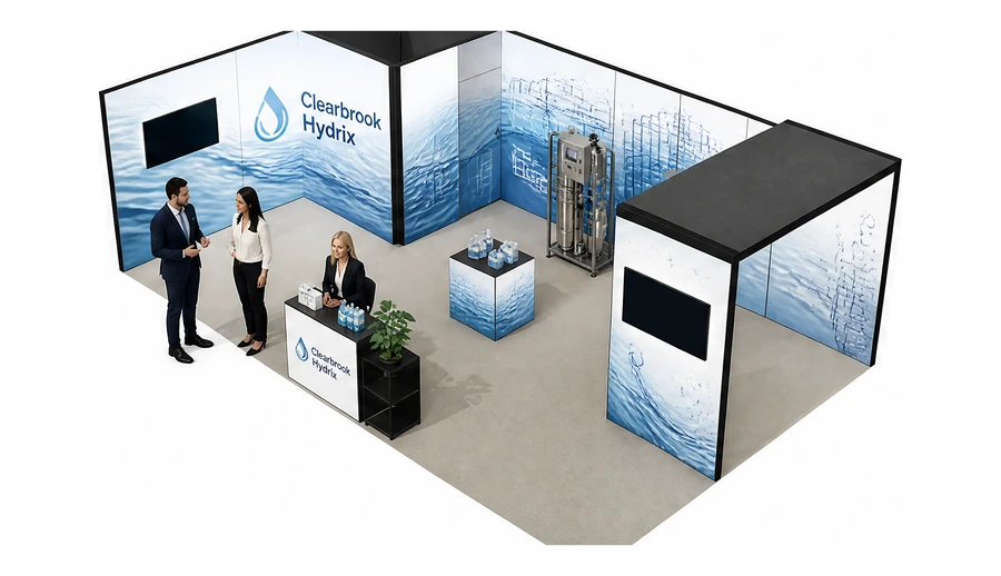 Stoisko 8 × 5 m narożne lewe dla branży technologie wodne, przykładowa marka Clearbrook Hydrix