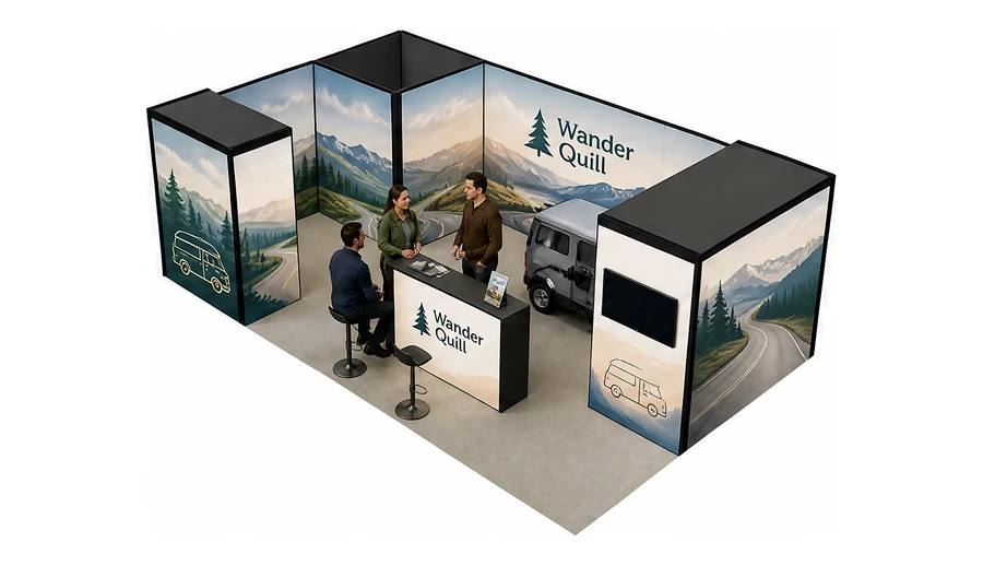Stoisko 8 × 5 m narożne lewe dla branży caravaning i kampery, przykładowa marka Wander Quill
