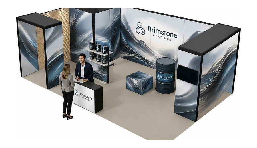 Stoisko 8 × 5 m narożne lewe dla branży chemia przemysłowa i powłoki, przykładowa marka Brimstone Coatings
