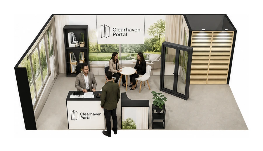 Stoisko 8 × 5 m narożne lewe dla branży okna i drzwi, przykładowa marka Clearhaven Portal