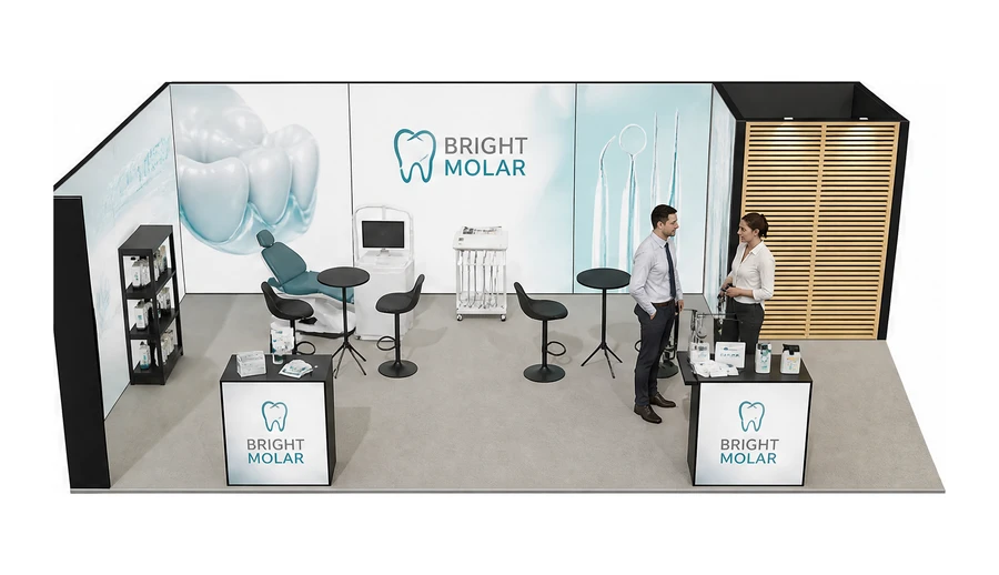 Stoisko 8 × 5 m narożne lewe dla branży stomatologia, przykładowa marka Bright Molar