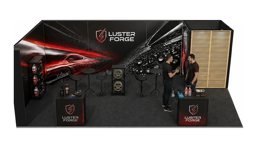 Stoisko 8 × 5 m narożne lewe dla branży tuning i detailing, przykładowa marka Luster Forge