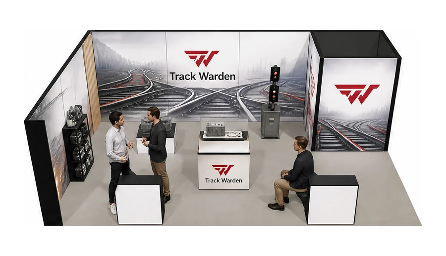 Stoisko 8 × 5 m narożne lewe dla branży kolej i tabor, przykładowa marka Track Warden
