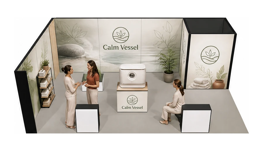 Stoisko 8 × 5 m narożne lewe dla branży spa i wellness, przykładowa marka Calm Vessel