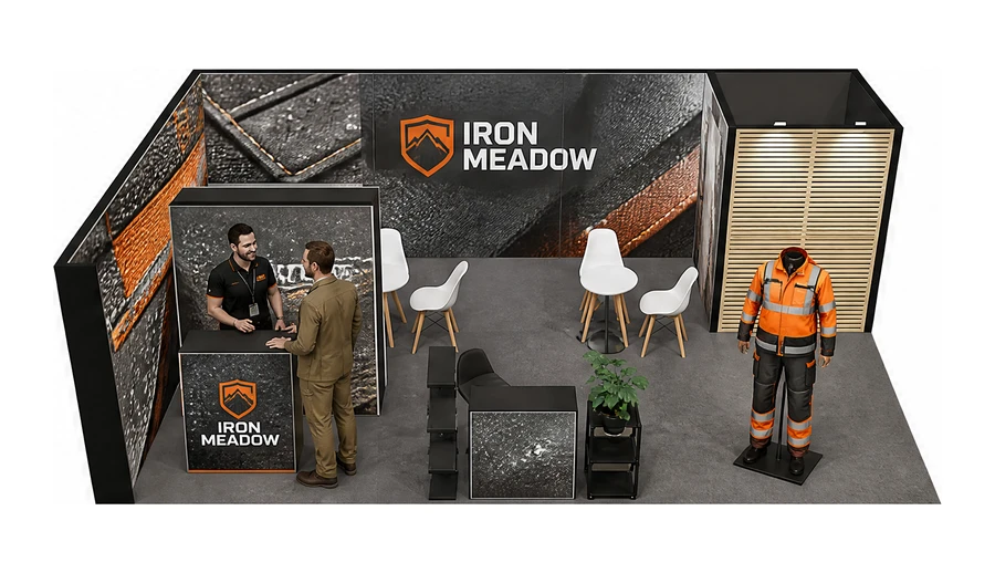 Stoisko 8 × 5 m narożne lewe dla branży BHP i odzież ochronna, przykładowa marka Iron Meadow