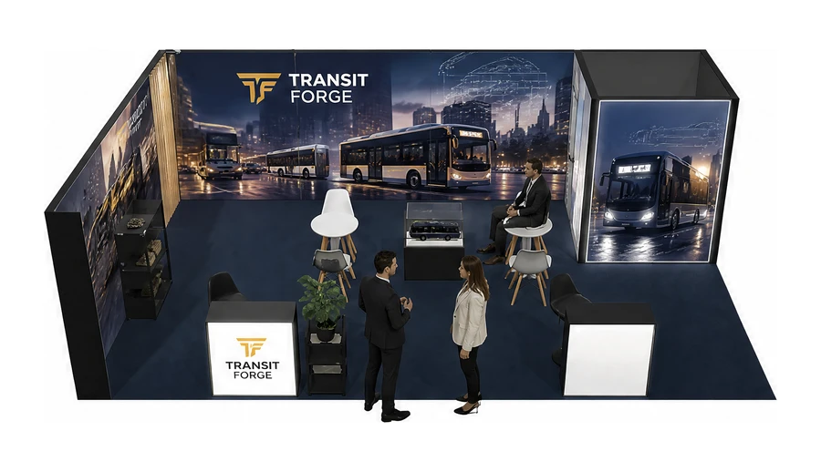 Stoisko 8 × 5 m narożne lewe dla branży autobusy i transport zbiorowy, przykładowa marka Transit Forge