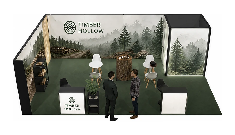 Stoisko 8 × 5 m narożne lewe dla branży leśnictwo i przemysł drzewny, przykładowa marka Timber Hollow