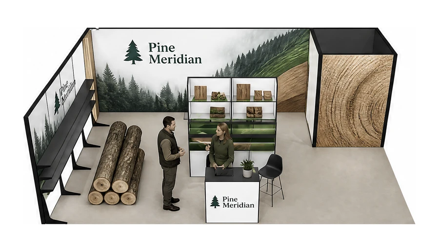 Stoisko 8 × 5 m narożne lewe dla branży leśnictwo i przemysł drzewny, przykładowa marka Pine Meridian