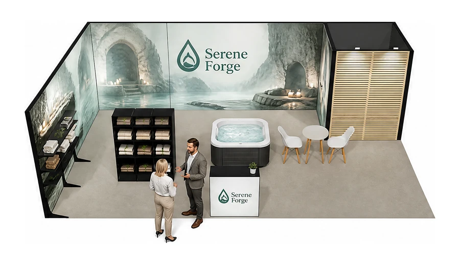 Stoisko 8 × 5 m narożne lewe dla branży spa i wellness, przykładowa marka Serene Forge