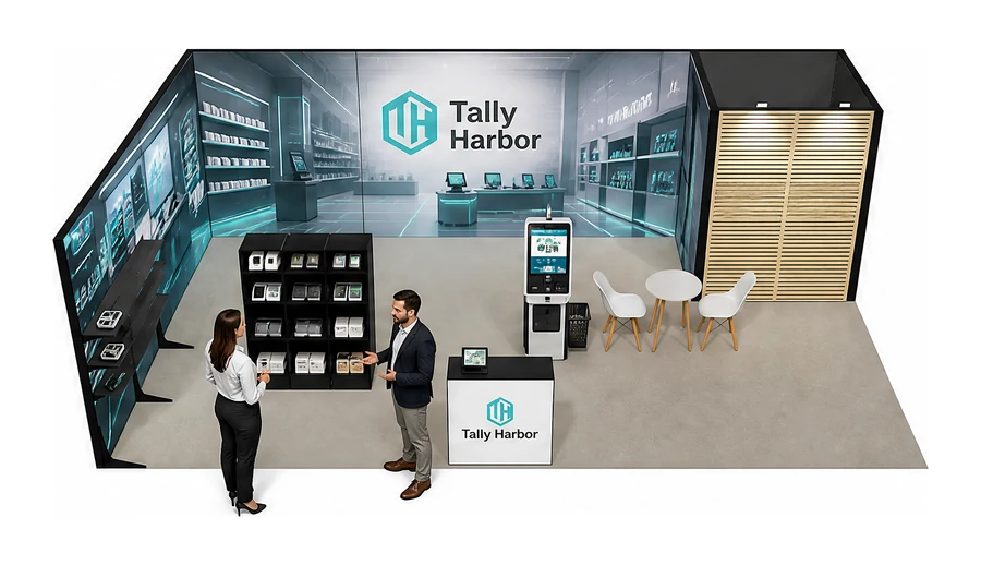Stoisko 8 × 5 m narożne lewe dla branży technologie dla handlu, przykładowa marka Tally Harbor