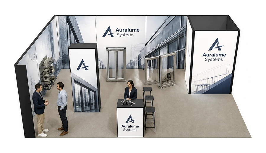 Stoisko 8 × 5 m narożne lewe dla branży profile aluminiowe, przykładowa marka Auralume Systems