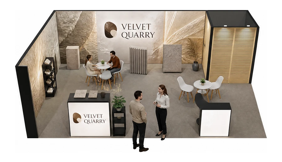 Stoisko 8 × 5 m narożne lewe dla branży wykończenie wnętrz, przykładowa marka Velvet Quarry