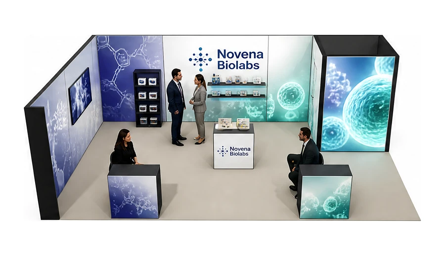 Stoisko 8 × 5 m narożne lewe dla branży farmacja i biotechnologia, przykładowa marka Novena Biolabs