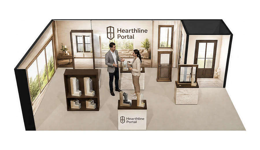 Stoisko 8 × 5 m narożne lewe dla branży okna i drzwi, przykładowa marka Hearthline Portal