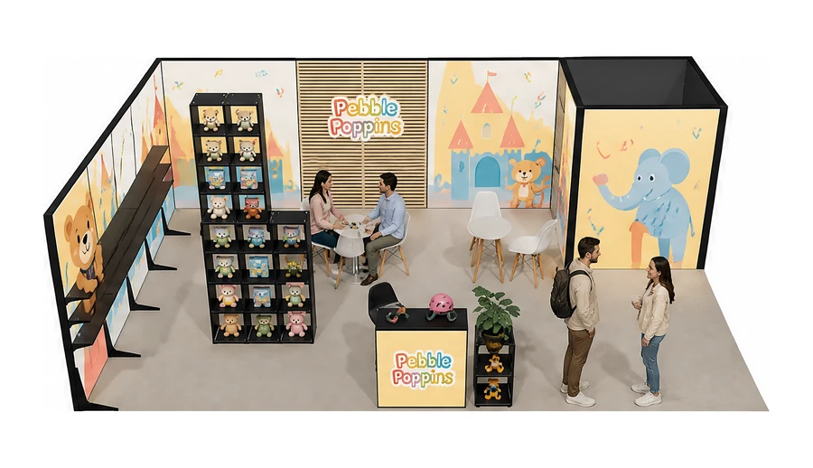 Stoisko 8 × 5 m narożne lewe dla branży zabawki i artykuły dziecięce, przykładowa marka Pebble Poppins