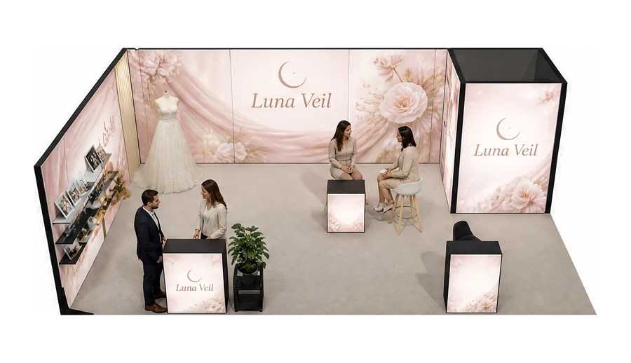 Stoisko 8 × 5 m narożne lewe dla branży branża ślubna, przykładowa marka Luna Veil