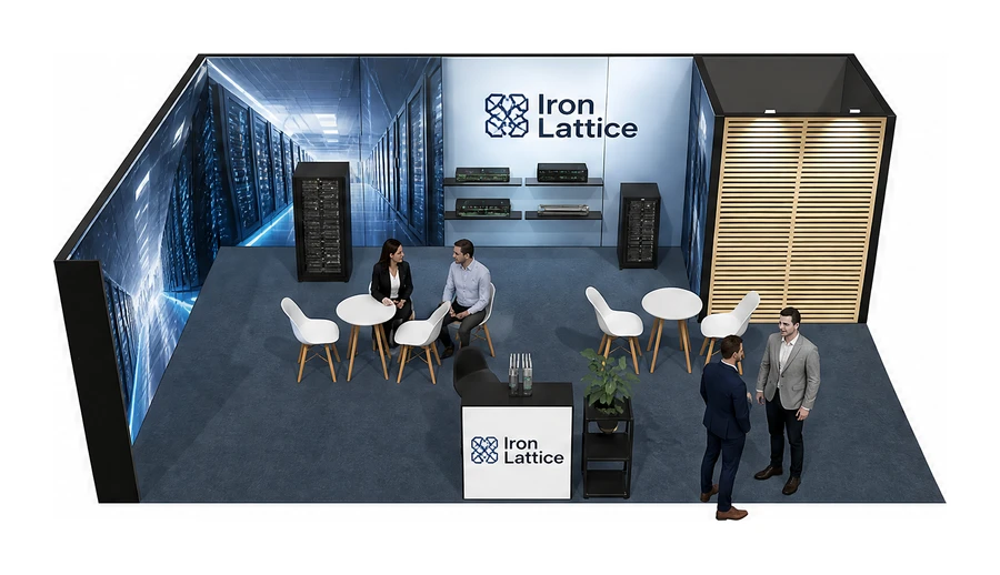 Stoisko 8 × 5 m narożne lewe dla branży infrastruktura IT i data center, przykładowa marka Iron Lattice