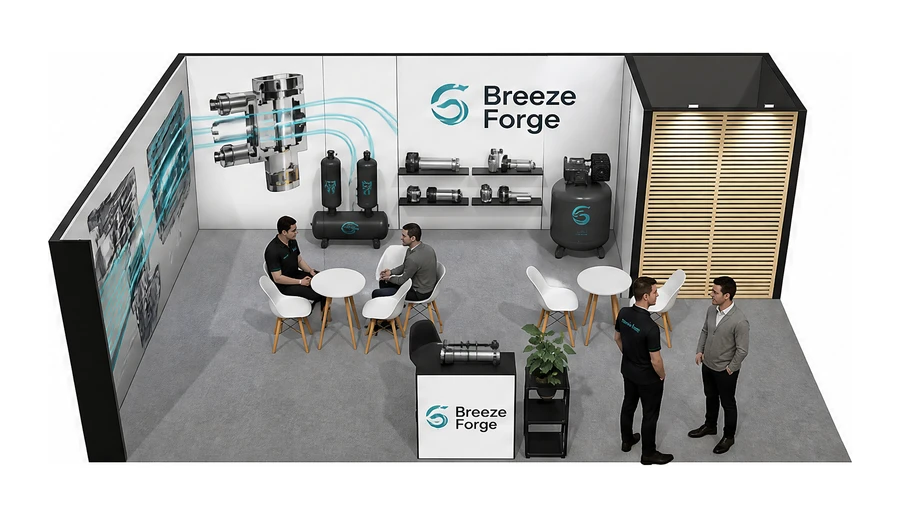 Stoisko 8 × 5 m narożne lewe dla branży pneumatyka i sprężone powietrze, przykładowa marka Breeze Forge