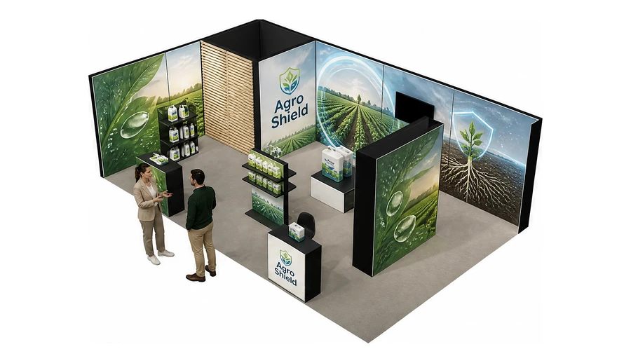Stoisko 8 × 5 m narożne lewe dla branży nawozy i ochrona roślin, przykładowa marka Agro Shield