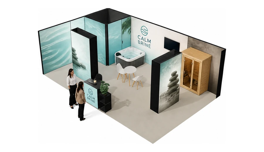 Stoisko 8 × 5 m narożne lewe dla branży spa i wellness, przykładowa marka Calm Brine