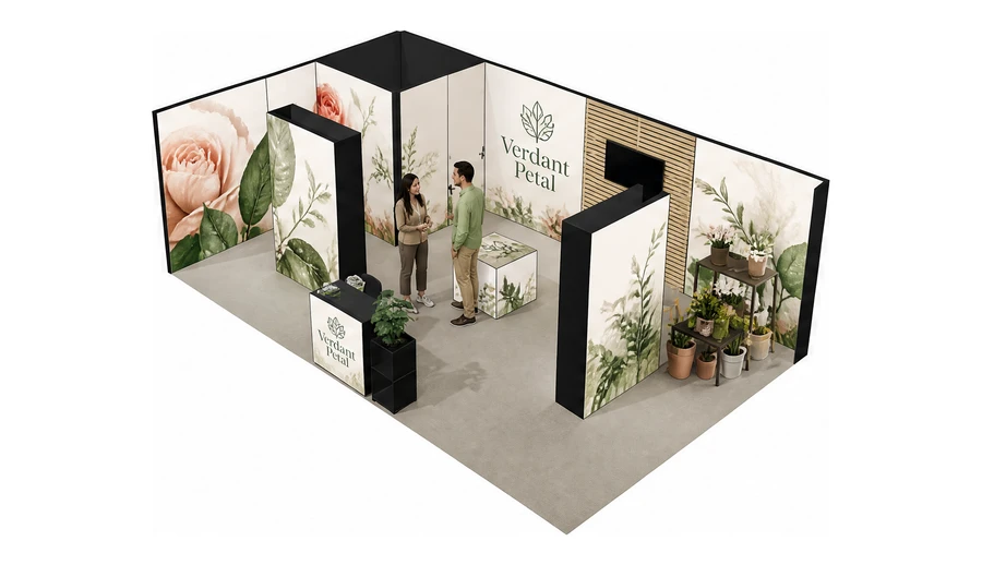 Stoisko 8 × 5 m narożne lewe dla branży rośliny i kwiaciarstwo, przykładowa marka Verdant Petal