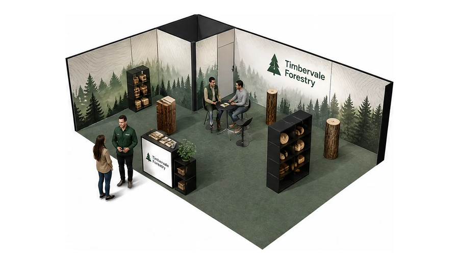 Stoisko 8 × 5 m narożne lewe dla branży leśnictwo i przemysł drzewny, przykładowa marka Timbervale Forestry