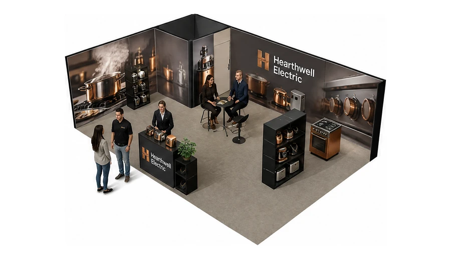 Stoisko 8 × 5 m narożne lewe dla branży sprzęt kuchenny i AGD, przykładowa marka Hearthwell Electric