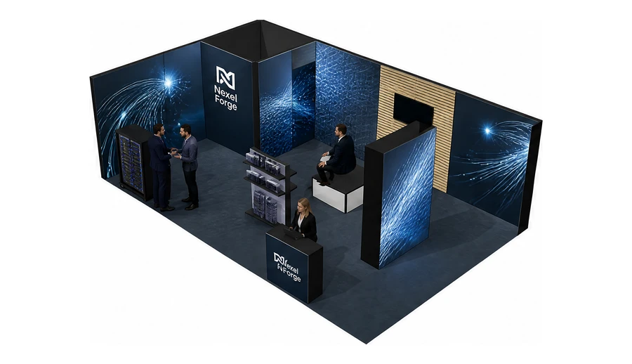 Stoisko 8 × 5 m narożne lewe dla branży infrastruktura IT i data center, przykładowa marka Nexel Forge