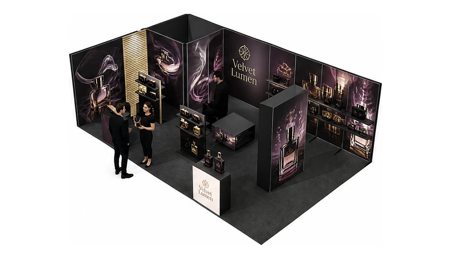 Stoisko 8 × 5 m narożne lewe dla branży perfumy, przykładowa marka Velvet Lumen